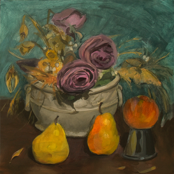 Still life painting titled Shades of Peach, Pear, and Purple by Karen Kappe Nugent